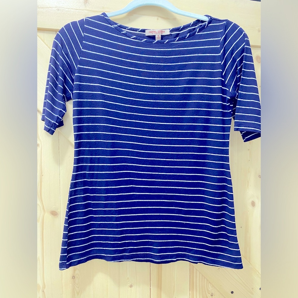 😊😍Green Envelope Pin Striped Quarter Sleeve Blue & White Top